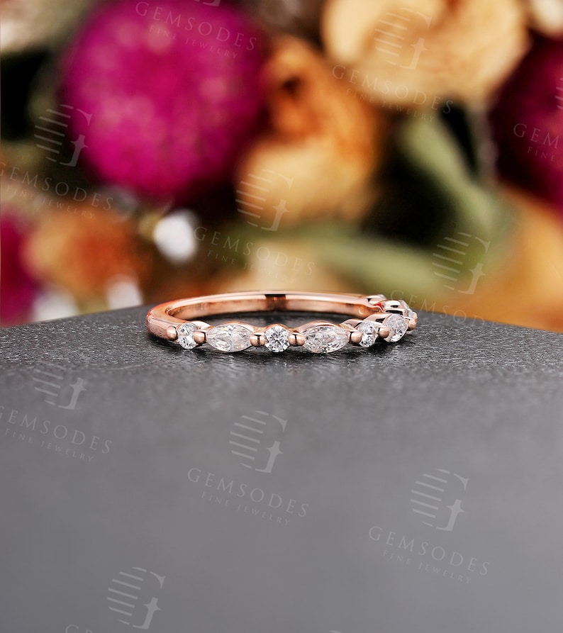 Vintage Rose gold wedding band marquise cut Moissanite band Unique half eternity Bridal Matching Stacking band Anniversary ring image 4