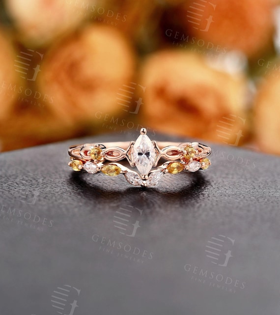 Art Deco Moissanite Engagement Ring Set,Natural Yellow Sapphire  Ring,Antique Marquise Cut Moissanite Ring,Bridal Promise Anniversary Ring