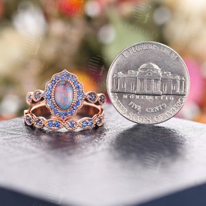 Black Opal engagement ring set rose gold milgrain sapphire ring set art deco wedding vintage Antique Unique Bridal Anniversary ring set image 6