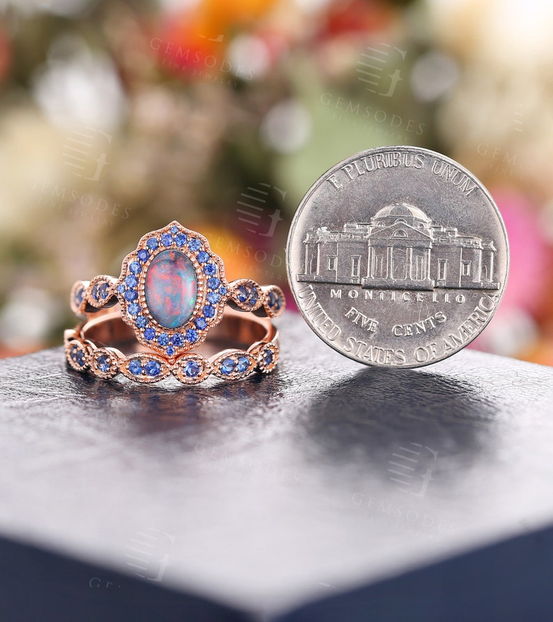 Black Opal engagement ring set rose gold milgrain sapphire ring set art deco wedding vintage Antique Unique Bridal Anniversary ring set image 6