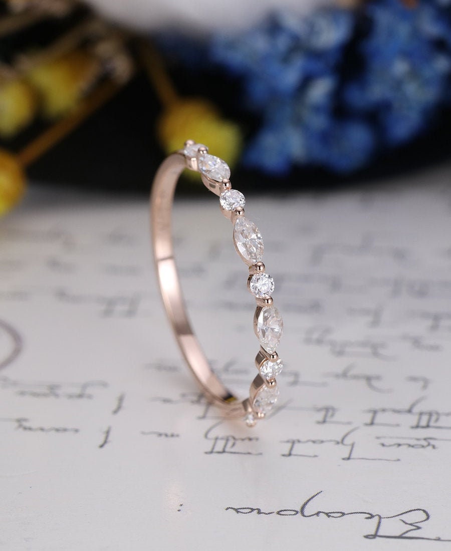 Vintage Rose Gold Wedding Band Marquise Cut Moissanite Band Unique