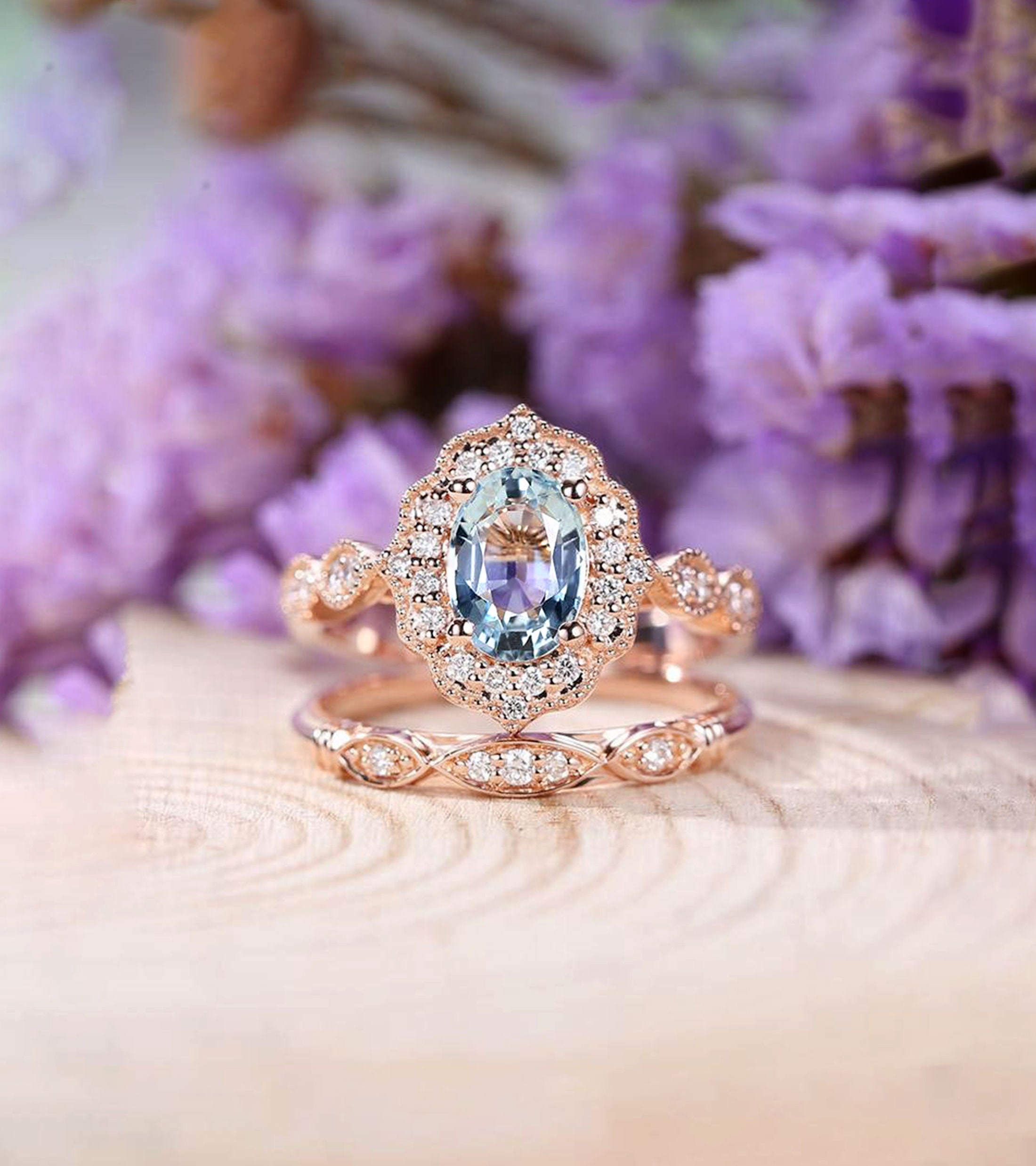 Aquamarine Engagement Ring Rose Gold Vintage Milgrain Wedding Etsy