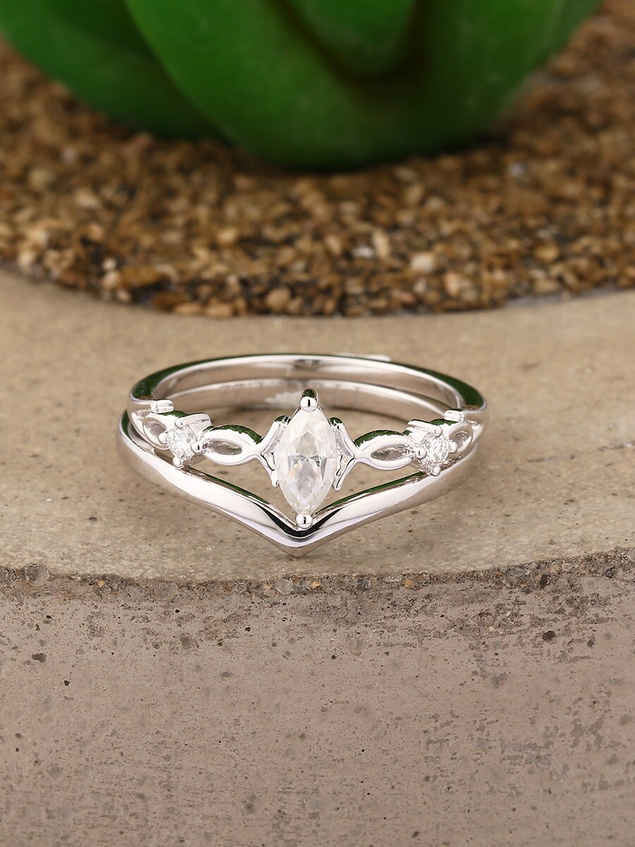 Marquise Cut Gemstone Moissanite Engagement Ring Set Simple | Etsy
