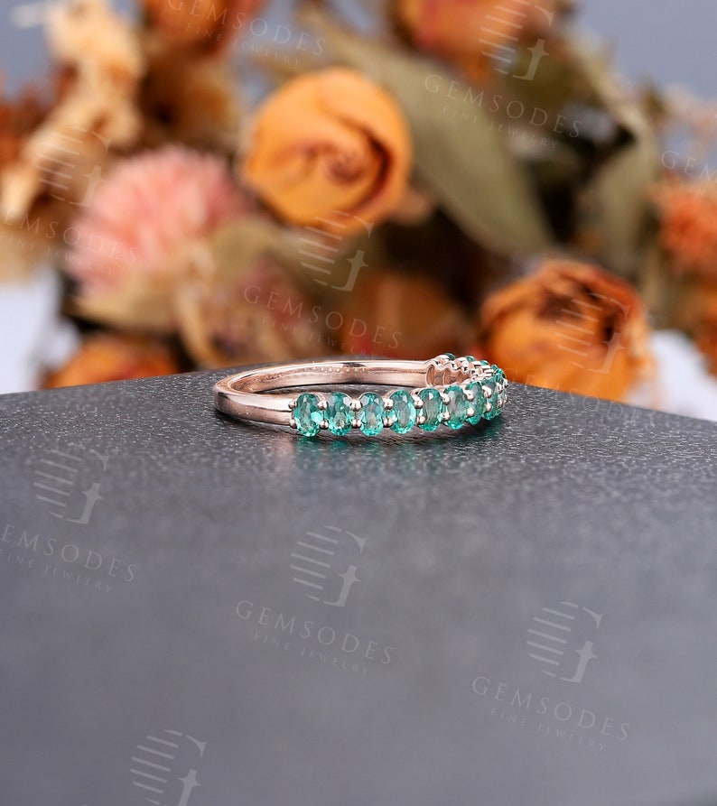 Lab Emerald Wedding Band Rose Gold Vintage Straight Bridal Etsy UK