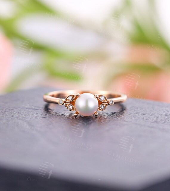 Pearl Engagement Ring Vintage Rose Gold 