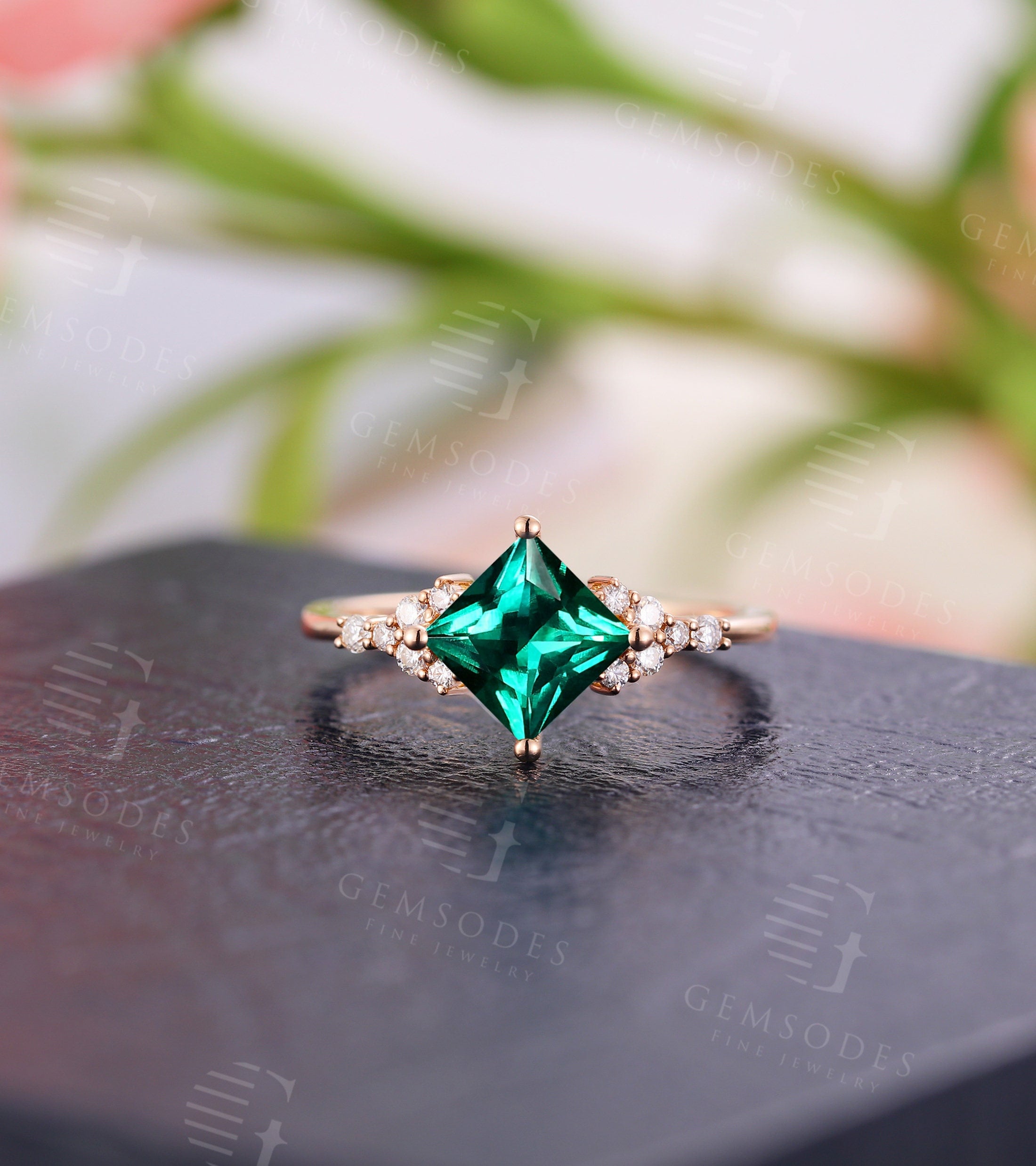 Vintage Emerald Engagement Ring Princess Cut Rose Gold Ring
