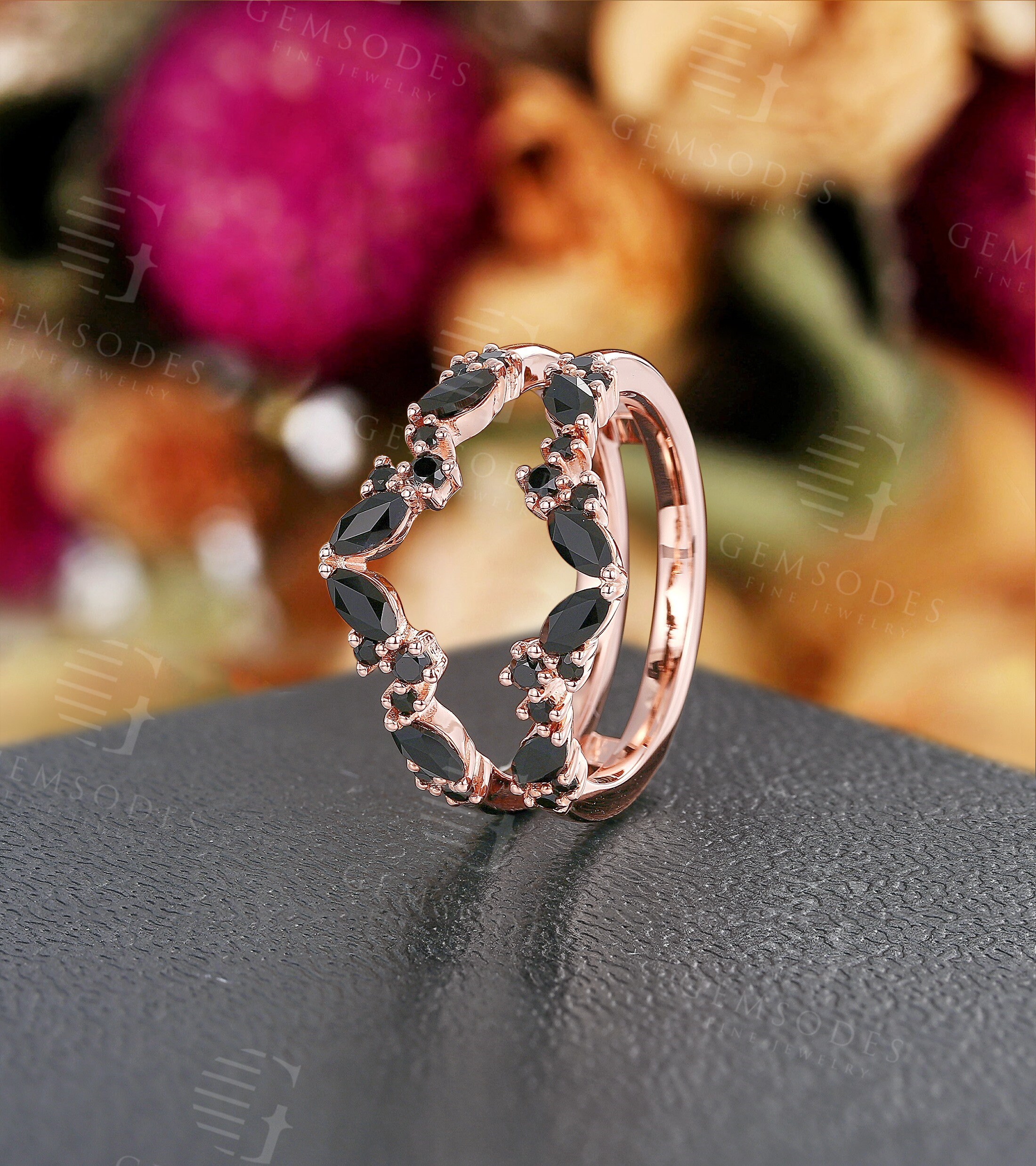 Black Onyx Enhancer Wedding Band,unique Rose Gold Ring Jacket