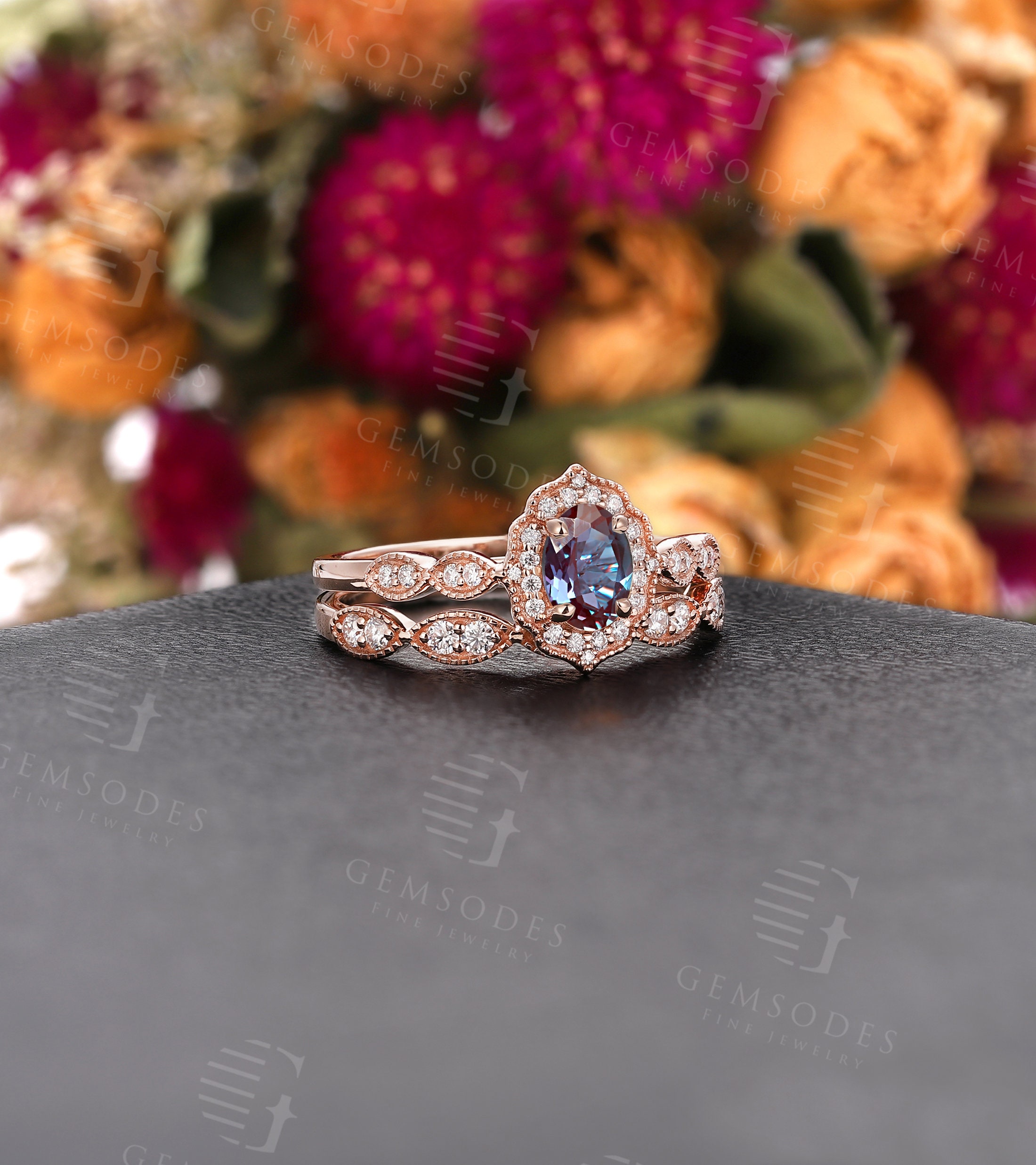 Oval cut Alexandrite engagement ring set halo moissanite ring set vintage rose gold wedding ring set art deco bridal ring set custom jewelry