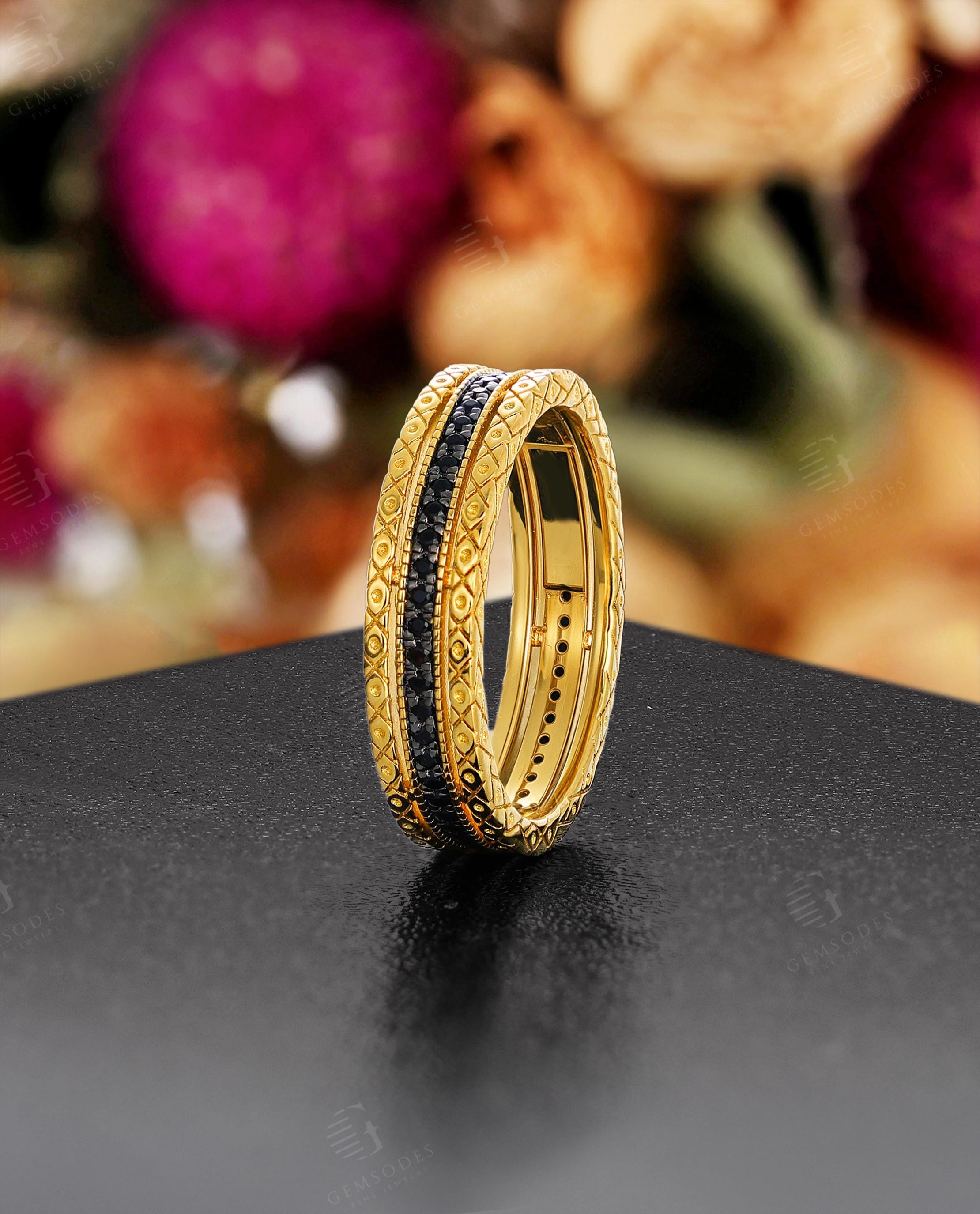 Unique Black Moissanite Full Eternity Band,14K Solid Gold Wedding Band,Unique Ring For Women Men,Vintage Milgrain Anniversary Promise Ring