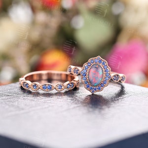Black Opal engagement ring set rose gold milgrain sapphire ring set art deco wedding vintage Antique Unique Bridal Anniversary ring set image 7