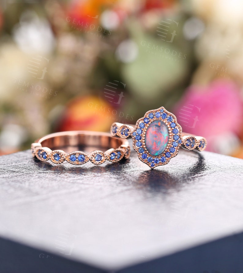 Black Opal engagement ring set rose gold milgrain sapphire ring set art deco wedding vintage Antique Unique Bridal Anniversary ring set image 7