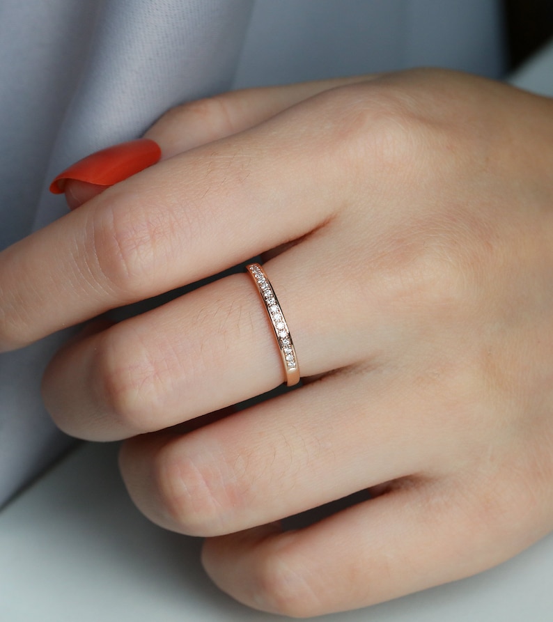 Rose gold wedding band women Half eternity Diamond ring Bridal set Jewelry Matching Micro pave Promise Anniversary Birthday gift for her