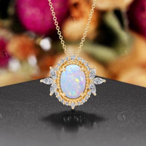 14K Gold Opal Milgrain Necklace,Oval Cut Opal Necklace,Yellow Gold Moissanite Halo Pendant,Art Deco Opal Pendant,October Birthstone Jewelry