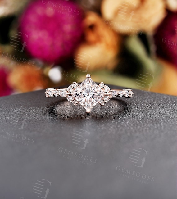 Vintage Princess Cut Moissanite Engagement Ring - Rose Gold Diamond Cluster Bridal Ring