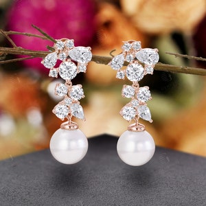 Unique Freshwater Pearl Drop Earrings,Exquisite CZ Pear Rose Gold Sparkling Moissanite Earrings,Bridal Wedding Season Jewelry Gift for Women