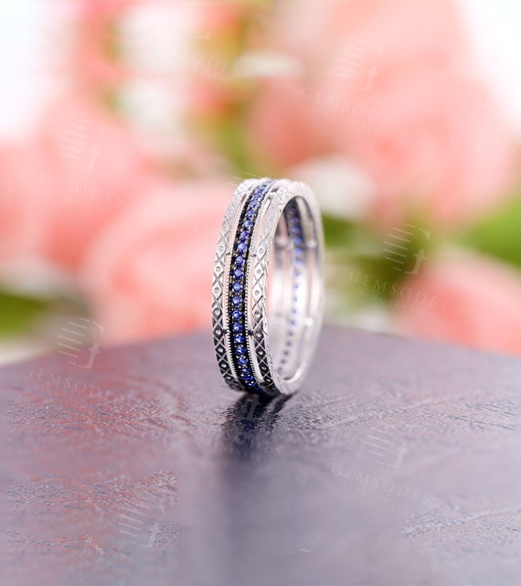 Vintage Sapphire Men Wedding Band,Unique Milgrain Eternity Engraved 14K White Gold Promise Ring