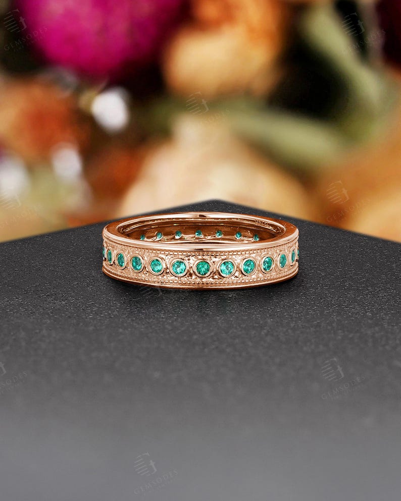 Vintage Milgrain Emerald Wedding Band - Unique 14K Yellow Gold Full ...