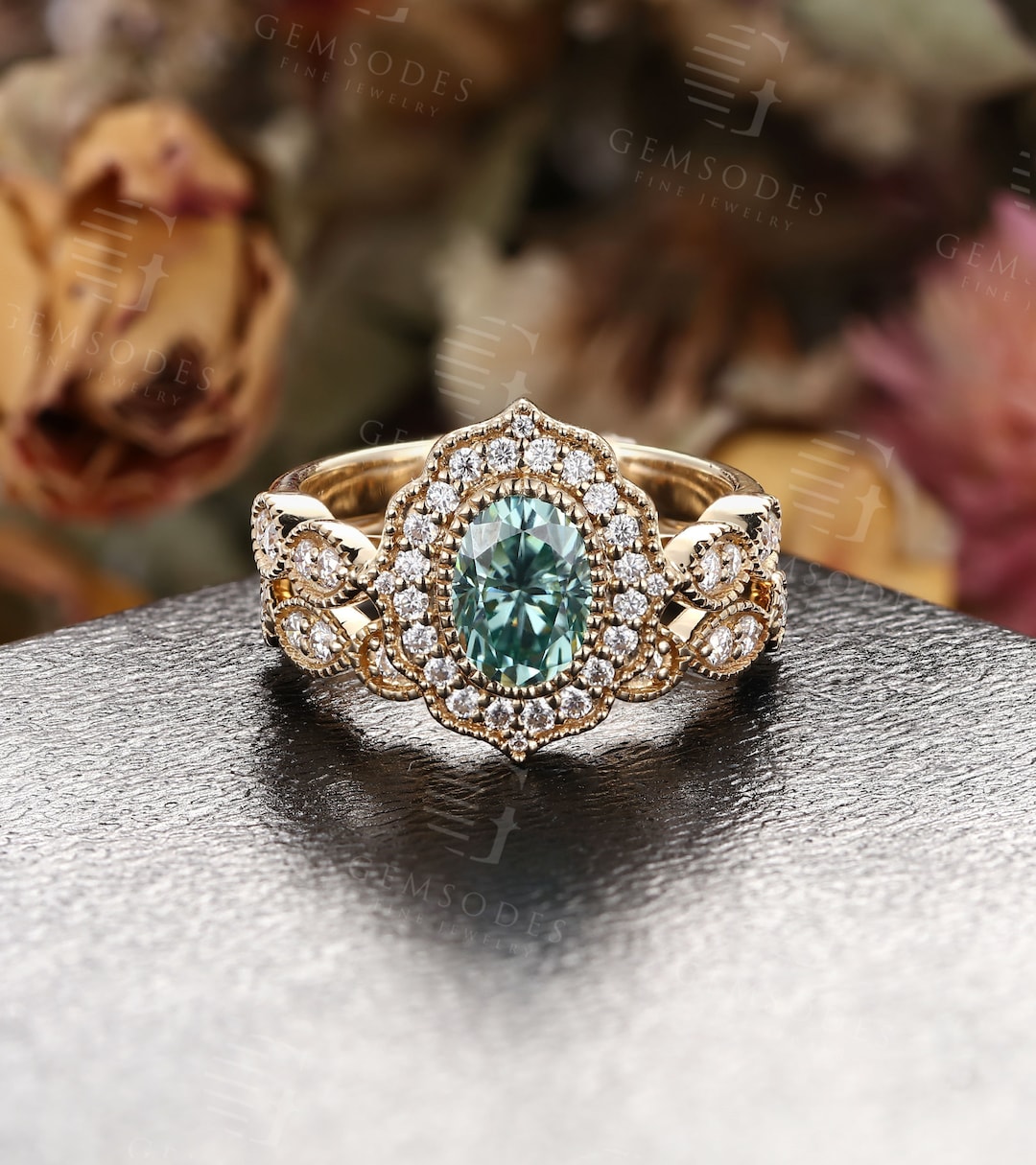 Vintage Green Moissanite Engagement Ring Set, Unique Moissanite Wedding ...