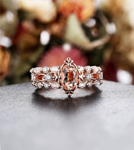Anillo de compromiso de morganita en oro rosa para mujer, conjunto