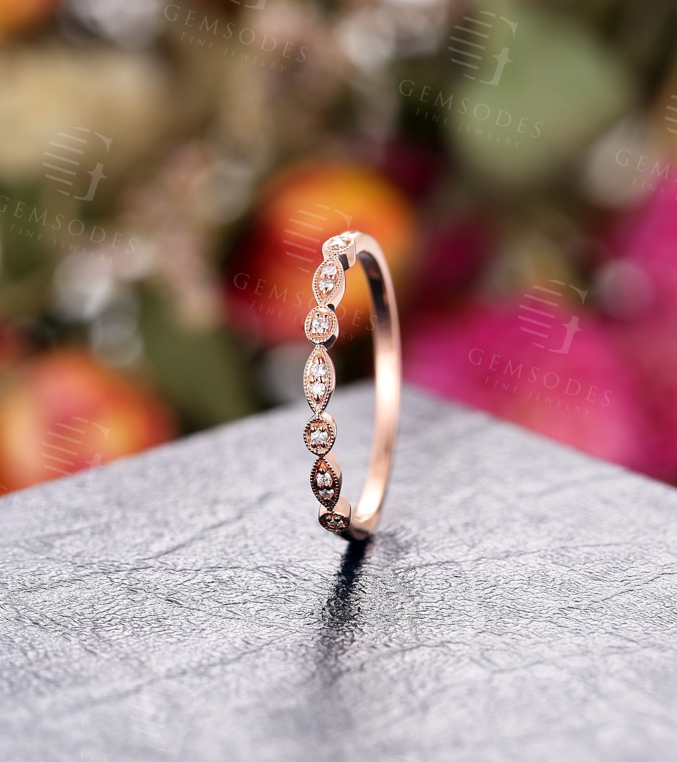 Art Deco Diamond Wedding Band,Vintage Milgrain Rose Gold Ring For Women,Antique Bridal Jewelry,Stacking Promise Ring,Anniversary Gift