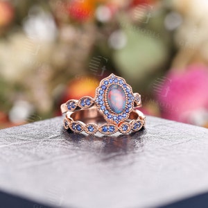 Black Opal engagement ring set rose gold milgrain sapphire ring set art deco wedding vintage Antique Unique Bridal Anniversary ring set image 5