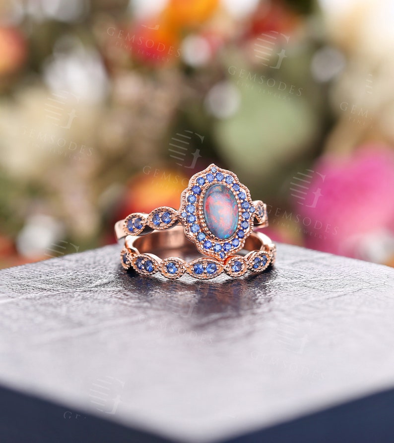 Black Opal engagement ring set rose gold milgrain sapphire ring set art deco wedding vintage Antique Unique Bridal Anniversary ring set image 5