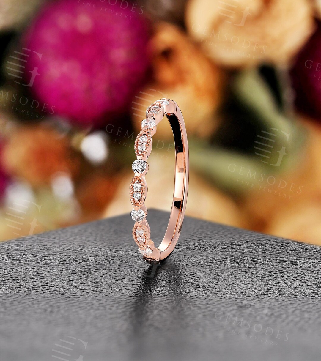 Art Deco Moissanite Wedding Band Rose Gold Band Women Vintage Milgrain ...
