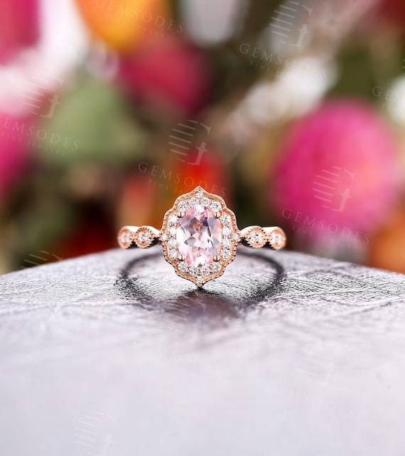 Vintage Oval Morganite Engagement Ring Rose Gold Wedding Ring