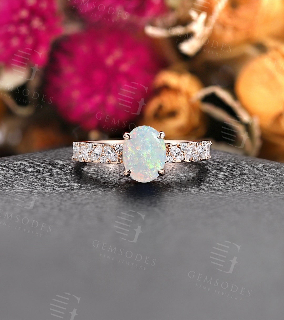 Vintage White Opal Engagement Ring Marquise Moissanite Diamond Ring