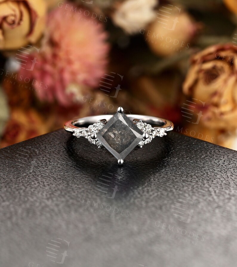 Princess Cut Salt and Pepper Diamond Engagement Ring Vintage Etsy