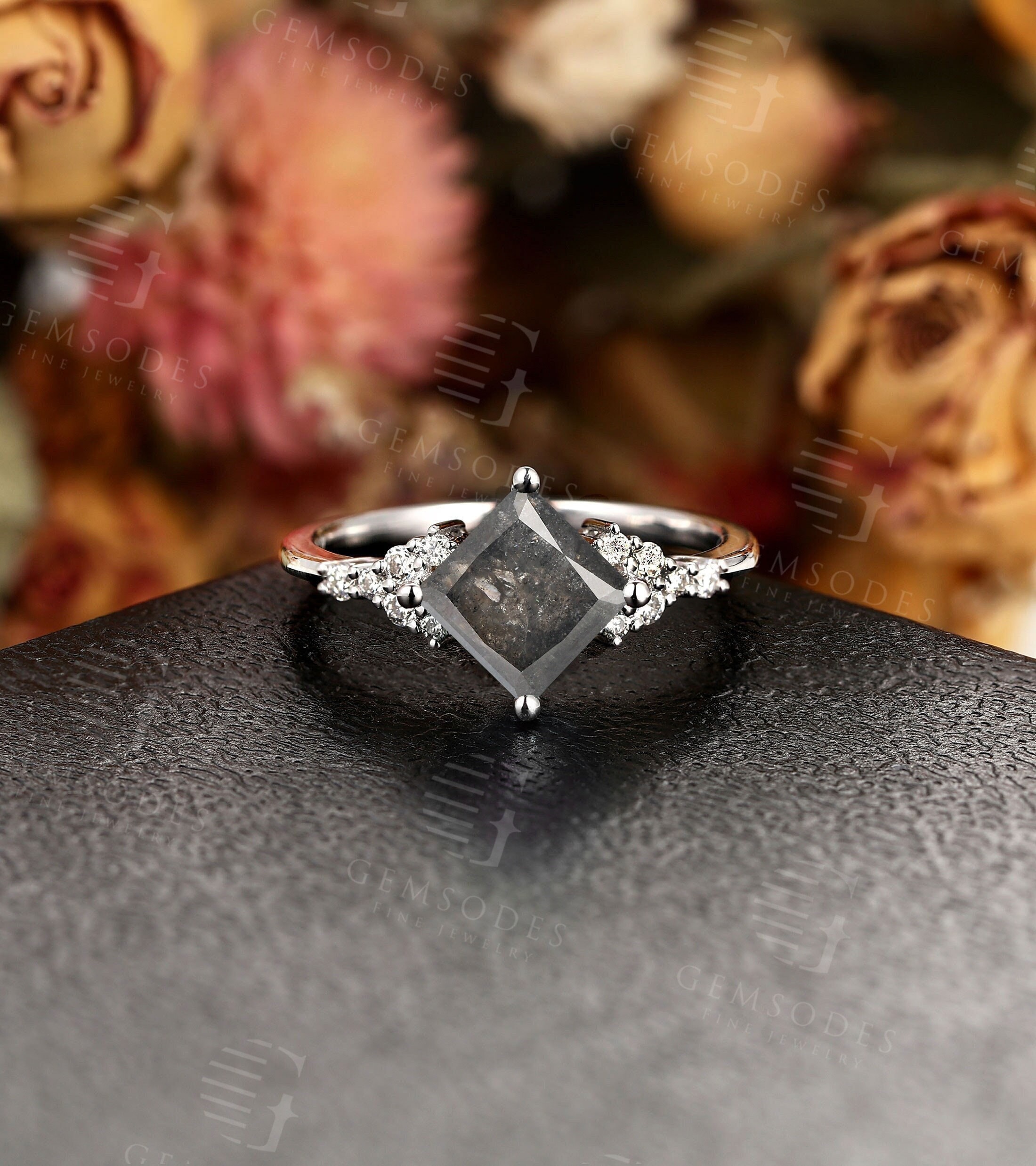 Princess Cut Salt and Pepper Diamond Engagement Ring Vintage White