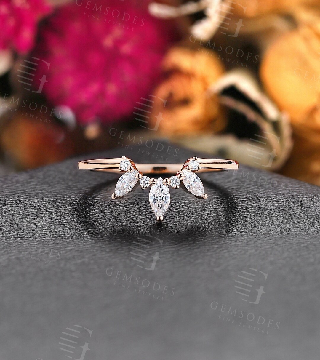 Vintage Marquise Cut Moissanite Wedding Band Rose Gold Ring Curved Band ...