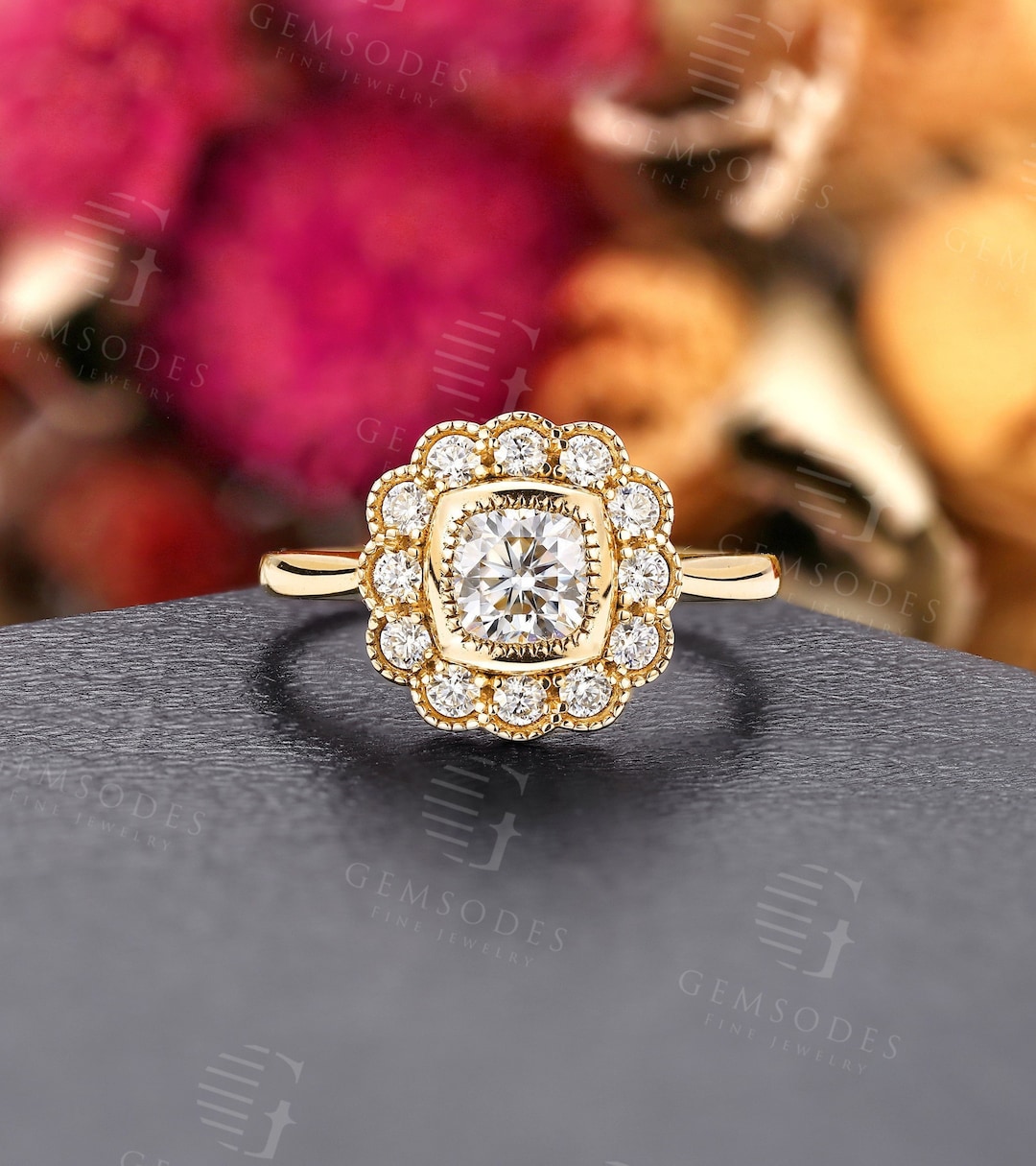 Moissanite Flower Engagement Ring Cushion Cut Yellow Gold Vintage