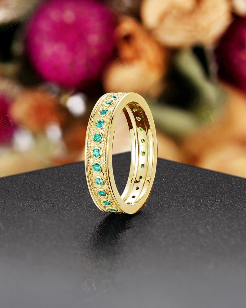 Vintage Milgrain Emerald Wedding Band - Unique 14K Yellow Gold Full ...