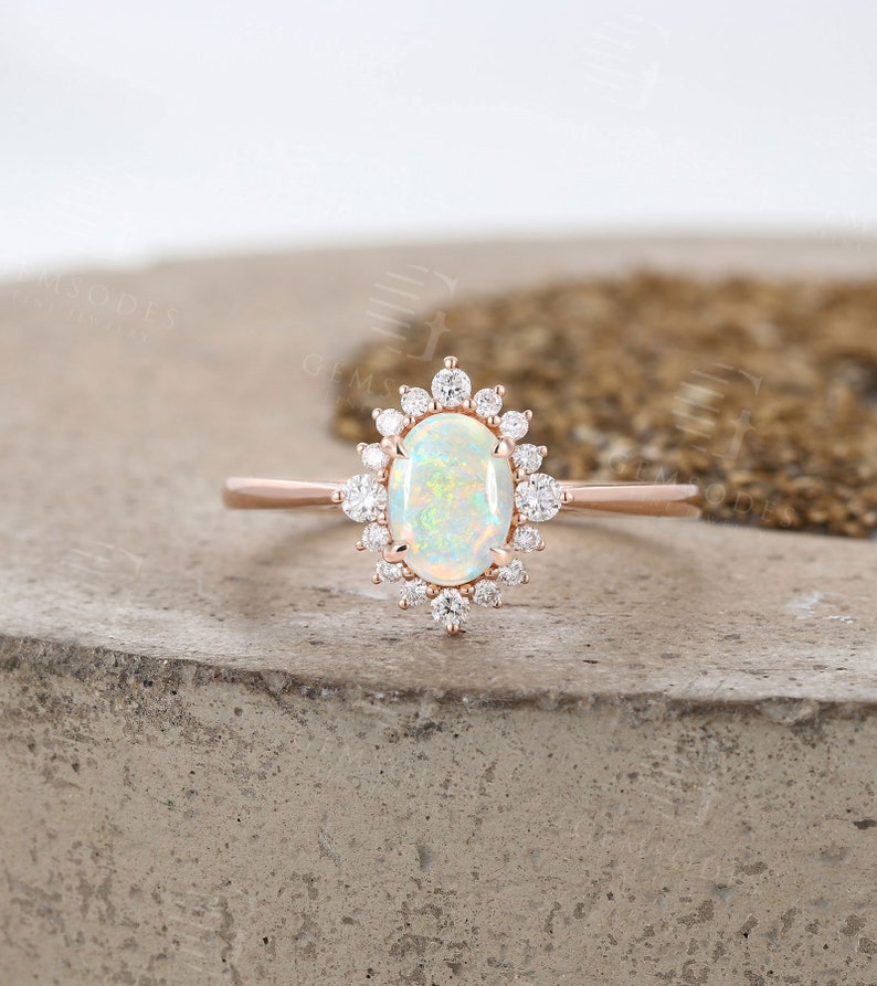 Vintage Natural Opal Engagement Ring art deco Rose Gold ring Oval cut Bridal ring moissanite ring Diamond Prong set Ring Anniversary ring 