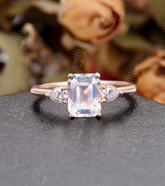 Vintage Emerald Cut Moonstone Engagement Ring| Pear Cut Cluster