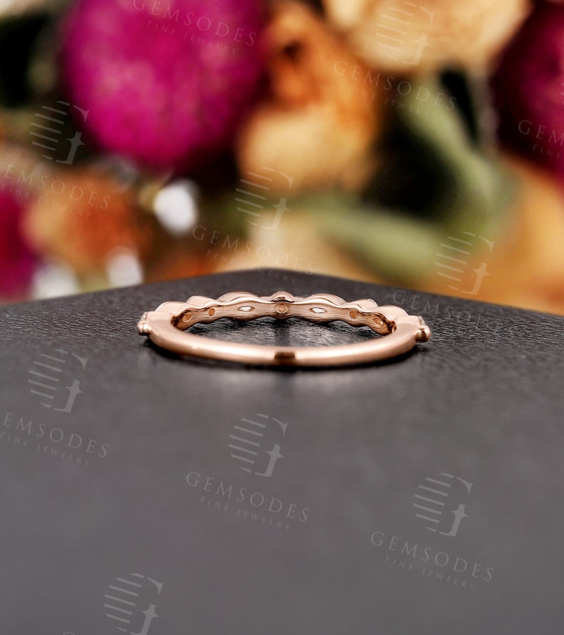 Vintage Rose gold wedding band marquise cut Moissanite band Unique half eternity Bridal Matching Stacking band Anniversary ring image 6