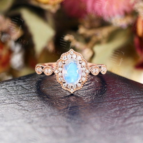 Moonstone Engagement Ring Rose Gold Oval Cut Ring Vintage - Etsy