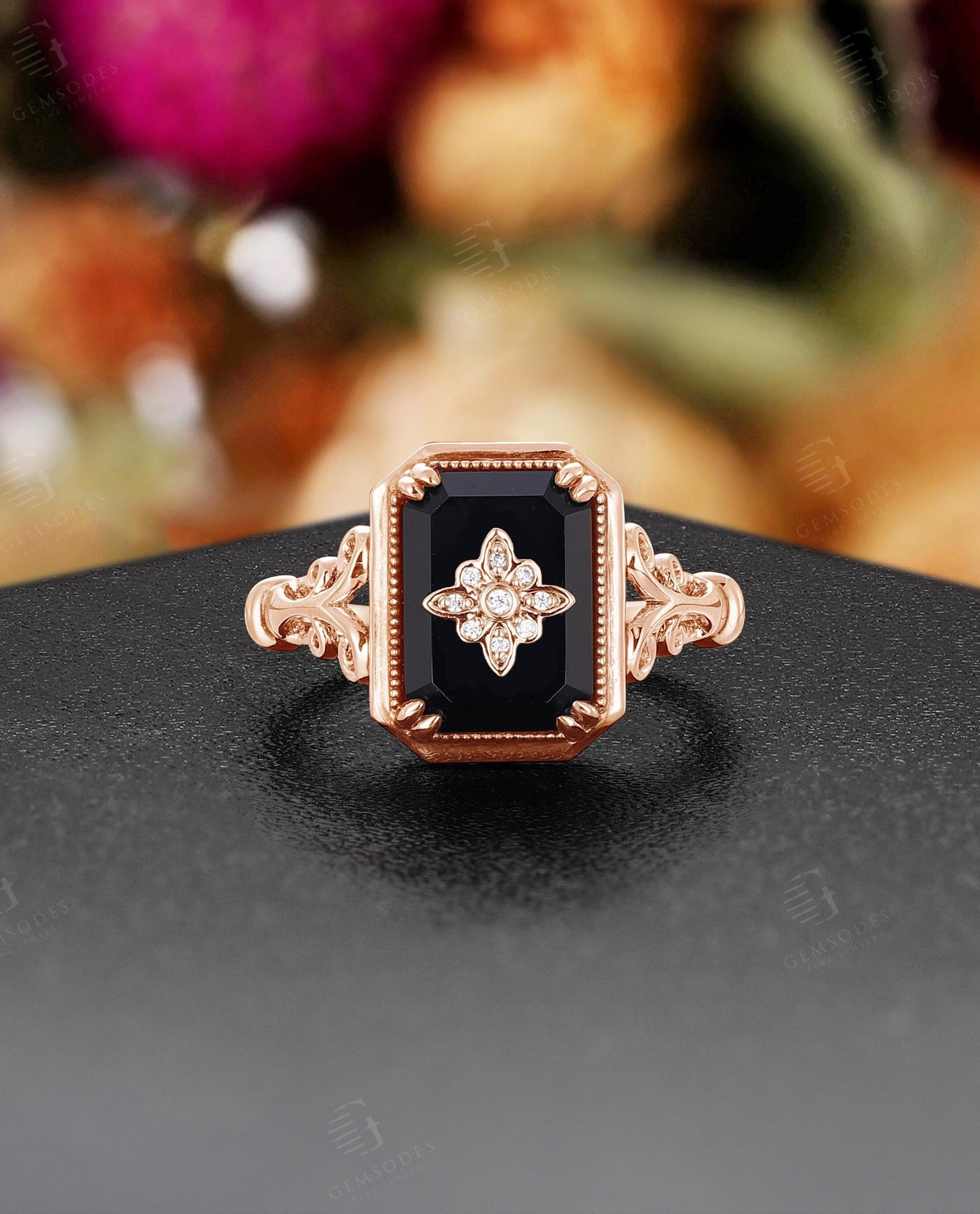 Vintage Black Onyx Engagement Ring,Unique Rose Gold Ring,Antique-Inspired Floral Wedding Band,Promise Ring for Women,Handmade Jewelry