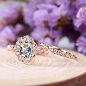 Aquamarine Engagement Ring Rose Gold Vintage Milgrain Wedding - Etsy