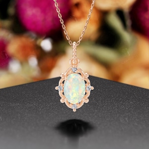 14K Gold White Opal Pendant Necklace,Unique Rose Gold Diamond Necklace,Antique Wedding Engagement Bridal Pendant,Women Anniversary Necklace