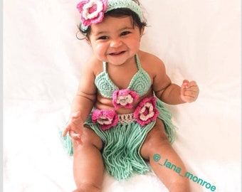 hawaiian, luau, baby grass skirt, swim suit, baby bikini, hawaiian party, crochet skirt, baby moana, hula girl, moana costume, baby costume