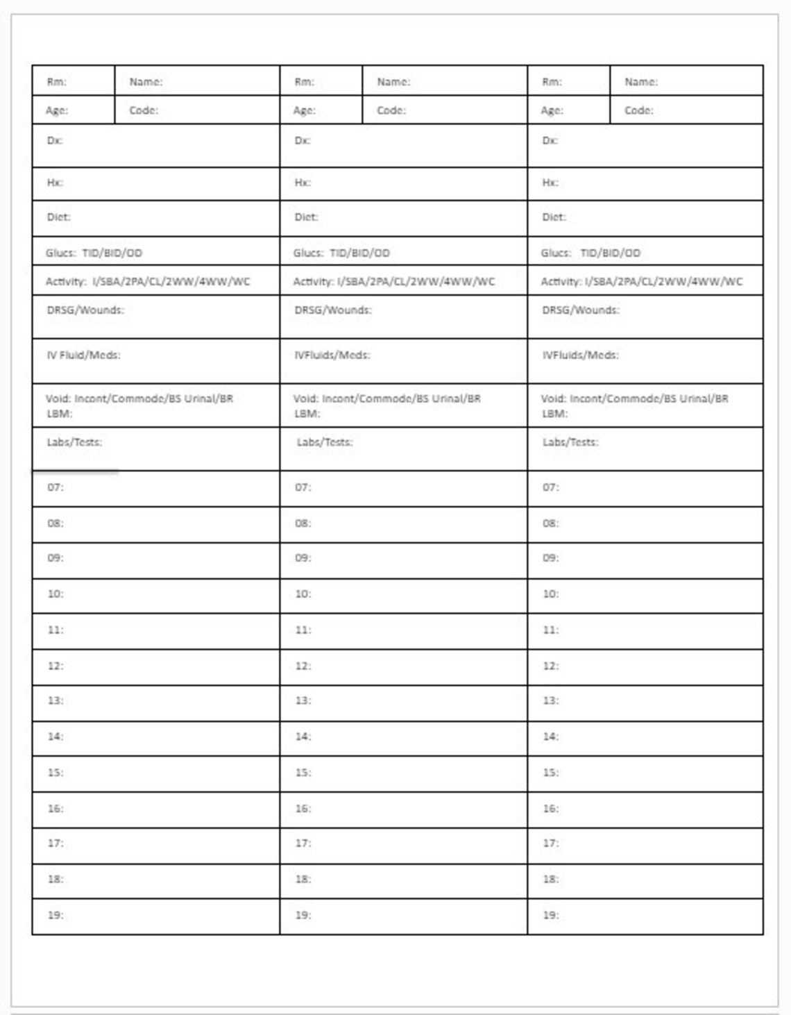 Nursing Workflow Sheet 12h - Etsy