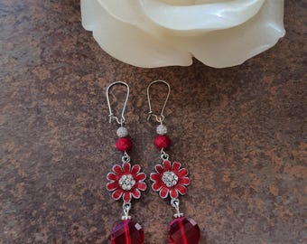 Red and silver earrings, round rhinestone beads, red abacus beads, red enameled daisy beads, red glass beads.
