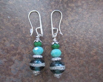 green earrings, dark green lampwork beads, light green crystal beads, metal beads, silver rhinestone support