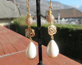 WEDDING earrings, gold sleeper support, round zircon pearl, 18K gold-plated pink connector, natural mother-of-pearl drop pearl