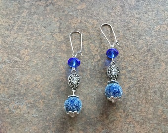 Silver earrings, ultramarine blue pumpkin beads, spacers with rhinestones, ultramarine blue glass dust beads.