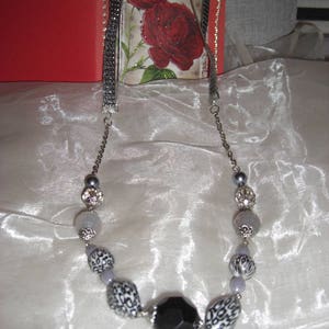 black-grey silver sautoir necklace, hematite beads, black and grey marbled beads, grey olives