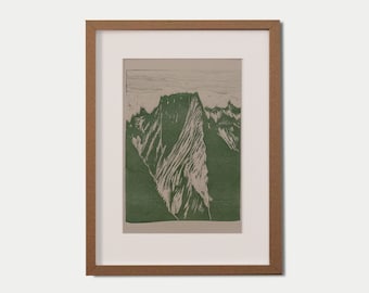 Badile mountain, original linocut print