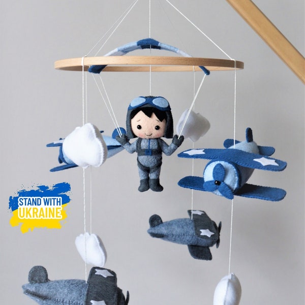 Baby mobile boy, Airplane baby mobile, Baby boy nursery decor, Parachute baby mobile, Blue and gray nursery decor, Hanging boy mobile